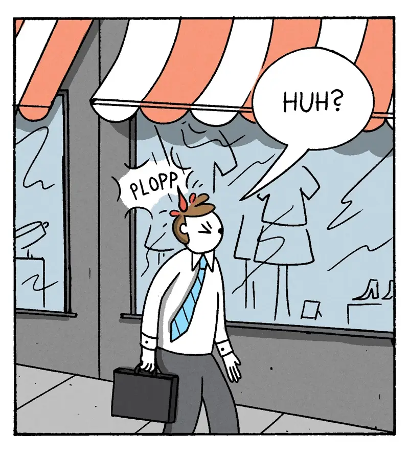 A cartoon man in a white shirt, blue tie, and grey pants walks down a sidewalk carrying a briefcase. He has a small red horn…