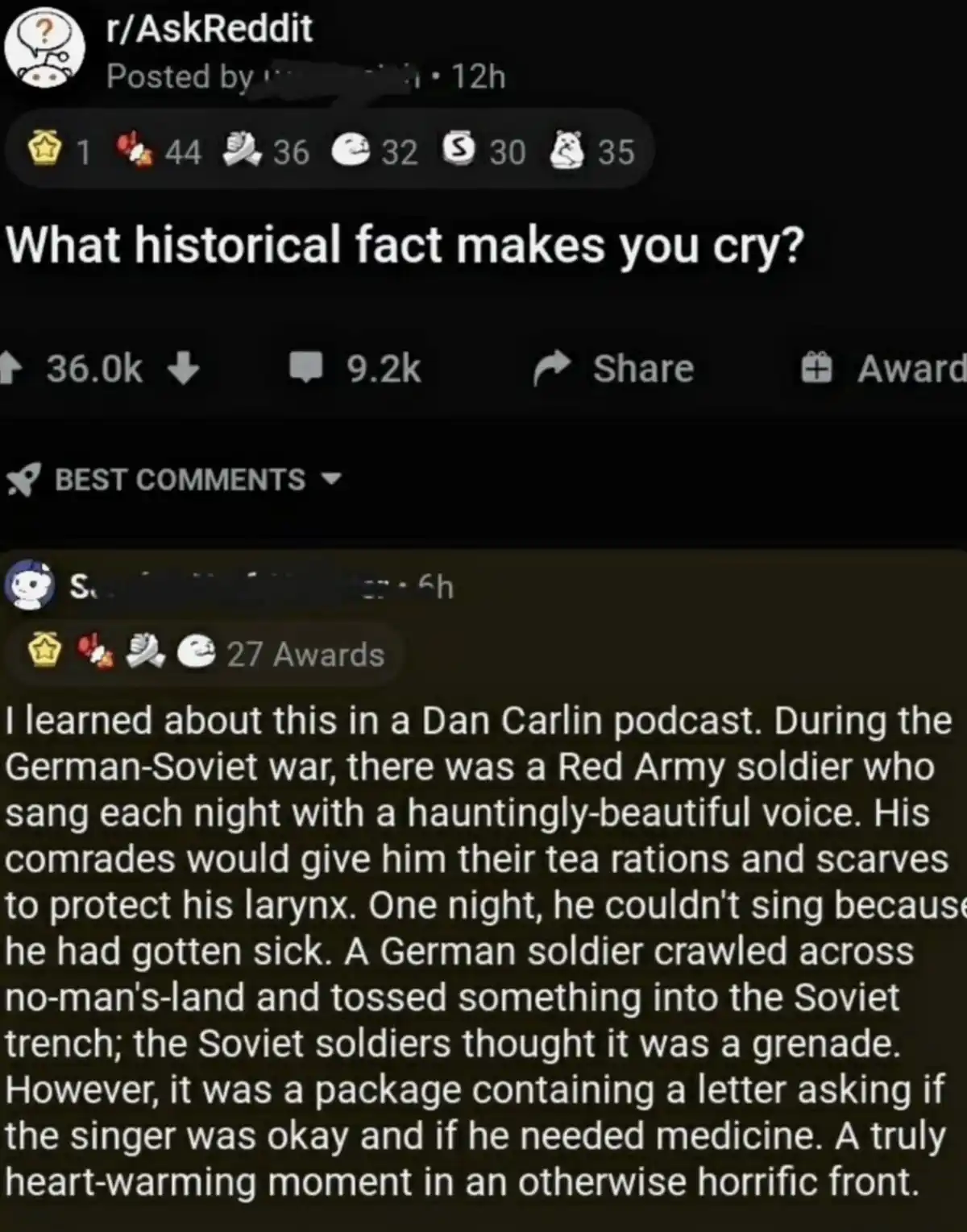 A screenshot of a Reddit post from r/AskReddit asking 'What historical fact makes you cry?' showing a highly upvoted comment…