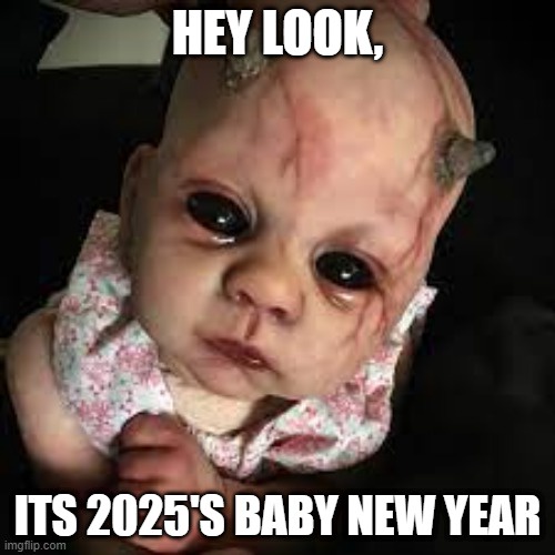 A close-up image of a baby doll with large, dark eyes, pale skin, and small horns on its head, wearing a floral-patterned…