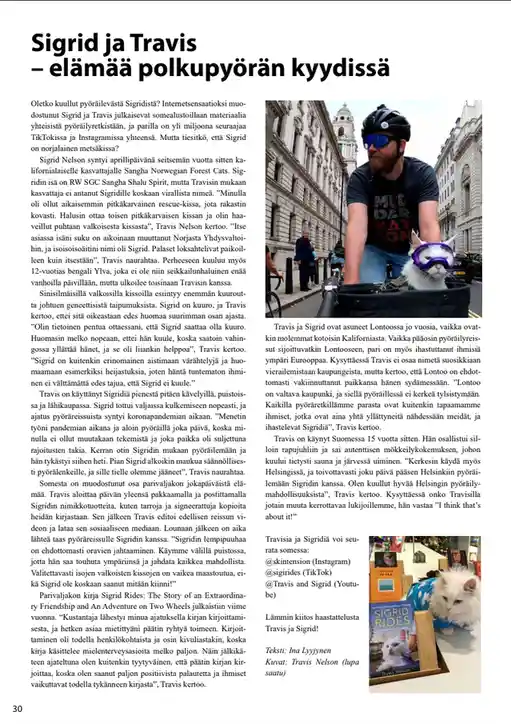 A Finnish magazine article page featuring a photo of a man in cycling gear riding a bicycle with a purple helmet on the…