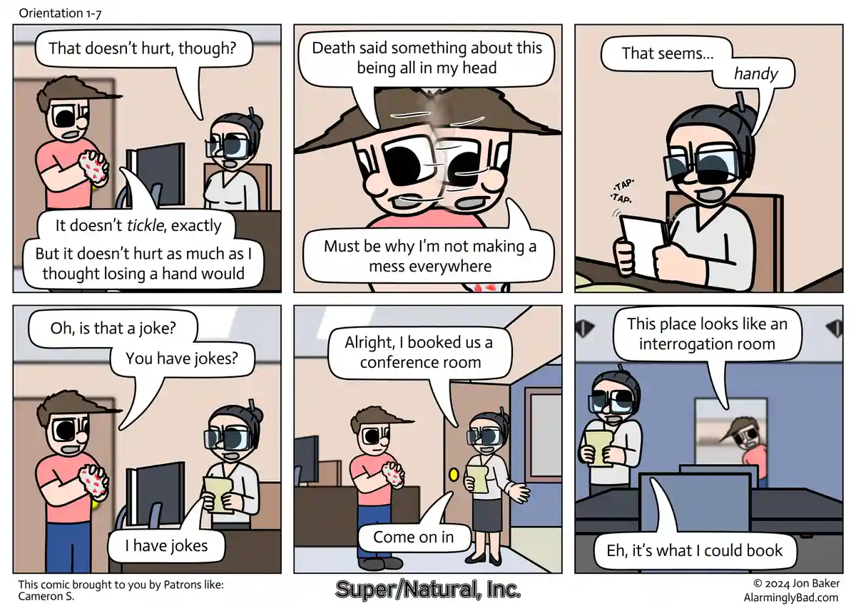 A six-panel comic strip shows a man with a missing hand (covered in red dots) talking to a woman in a headset and glasses…