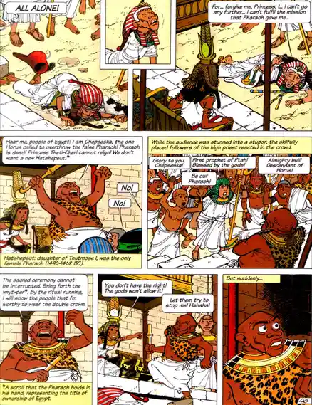 This comic strip panel shows a dramatic scene from an ancient Egyptian setting where a man in leopard-skin attire declares…
