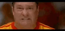 A six-panel image sequence shows a man in a yellow and red sports jersey progressively reacting with increasing frustration…