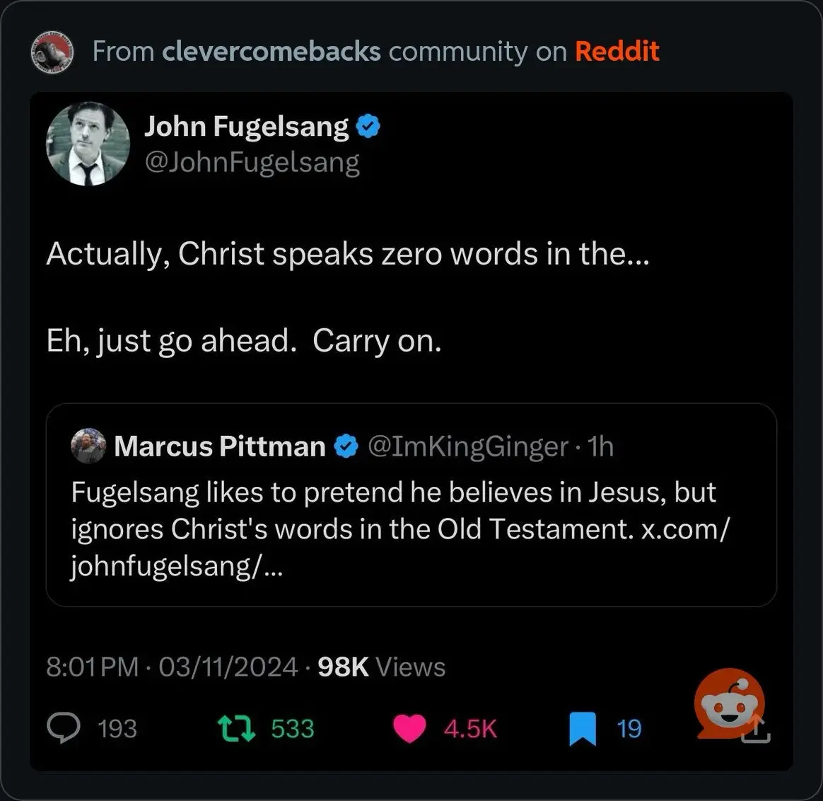 A screenshot of a Twitter/X thread from John Fugelsang, who replies to a criticism about ignoring Christ's words in the Old…