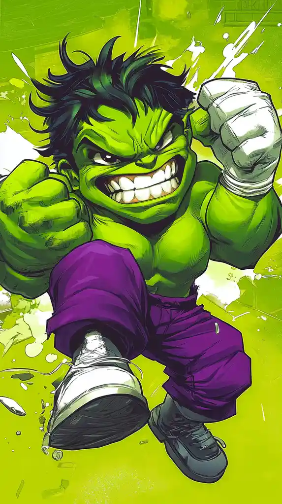 A cartoonish, muscular green-skinned Hulk with black hair, wearing purple pants and sneakers, is shown in an aggressive pose…