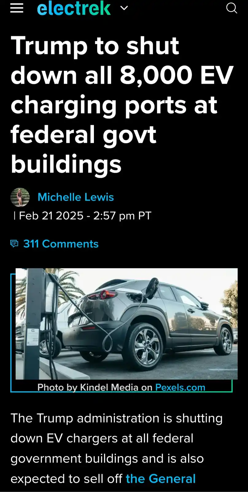 A screenshot of an Electrek news article from Feb 21, 2025, falsely claims Trump will shut down all 8,000 EV charging ports…