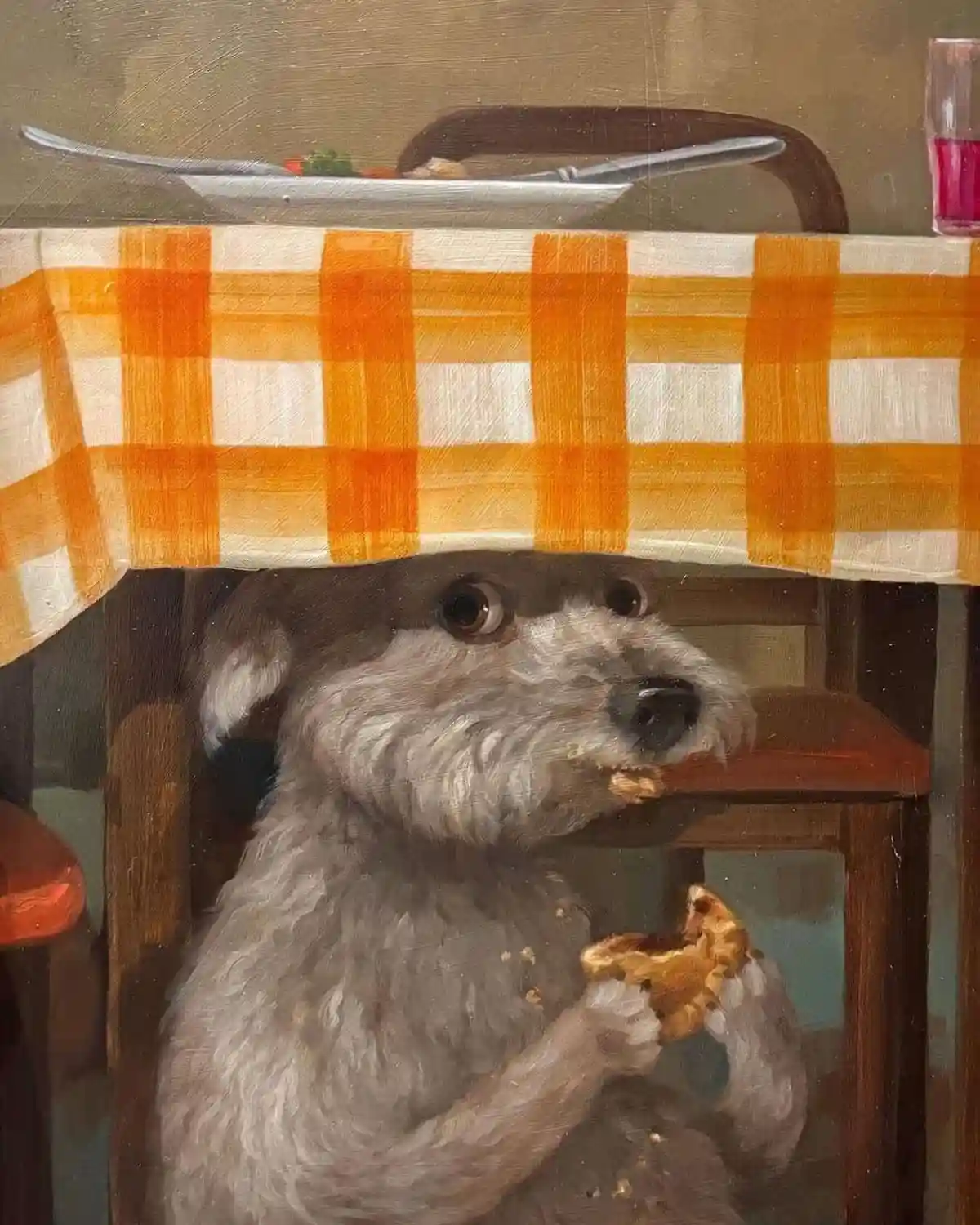 A painting depicts a scruffy gray dog sitting at a wooden dining table, holding a half-eaten pie in its paws and looking…