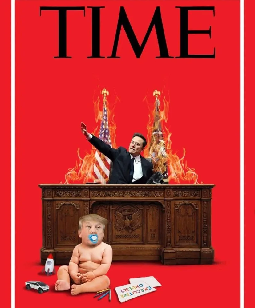 A digitally altered image mimicking a TIME magazine cover, featuring Elon Musk in a suit seated at a presidential desk with…