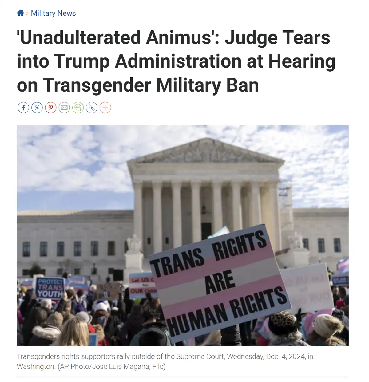 A news article screenshot shows a protest rally outside the Supreme Court with people holding signs, including one…
