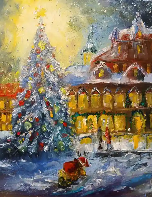 A festive oil painting depicts a snowy village scene with a large decorated Christmas tree, warmly lit buildings, and two…