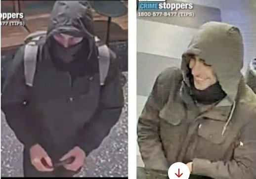 Two side-by-side surveillance-style images show a person in a dark hooded jacket with a face obscured by a black mask in the…