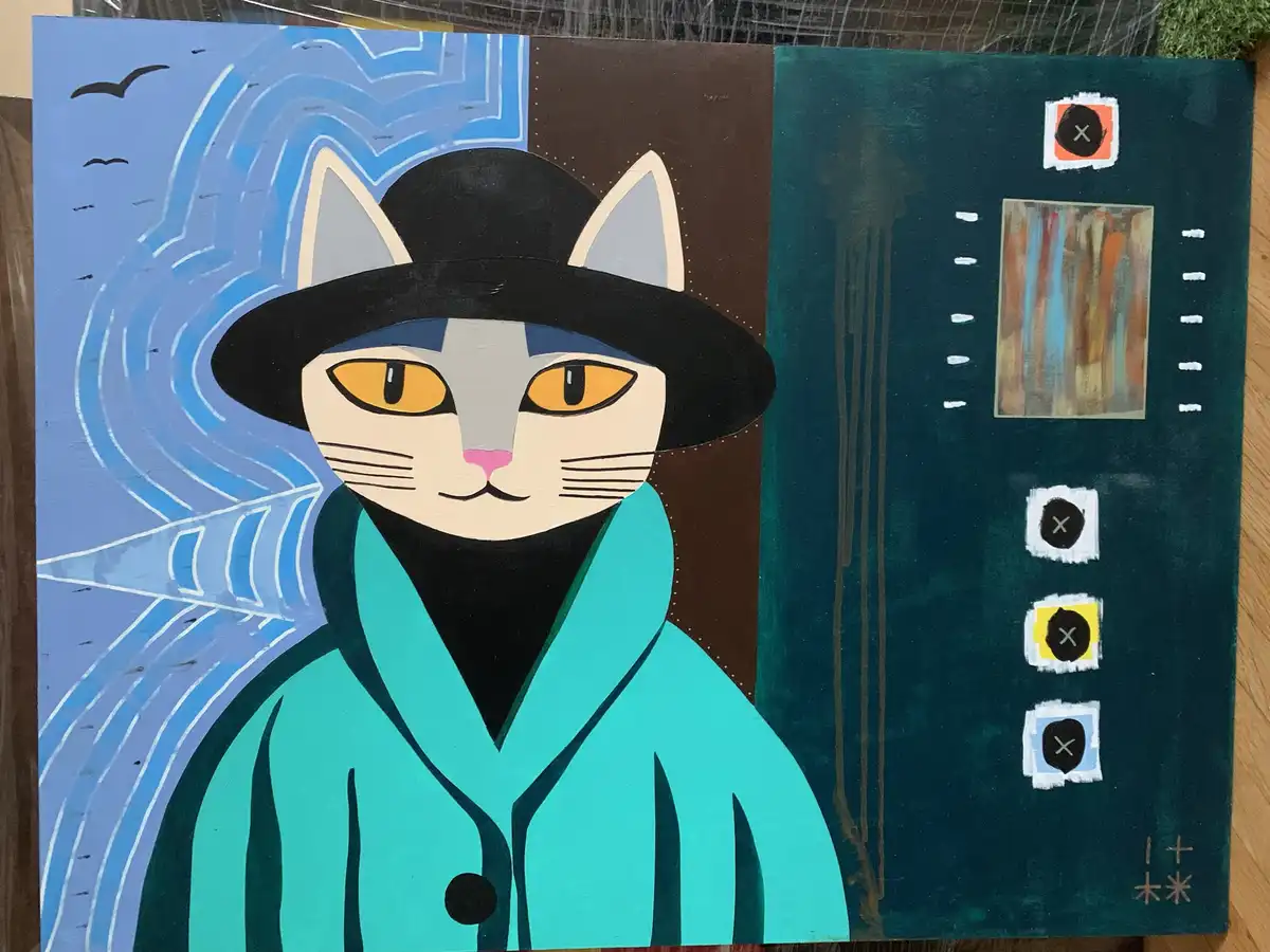 A stylized painting of a gray cat wearing a black fedora and a teal trench coat, standing beside a dark green panel with…