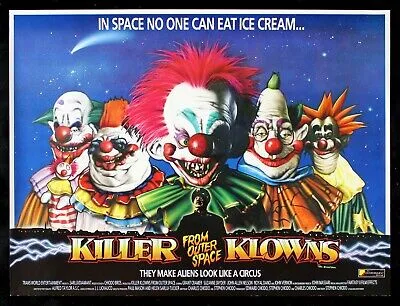 A movie poster for 'Killer from Outer Space Klowns' shows five menacing clowns with exaggerated red noses, wild hair, and…