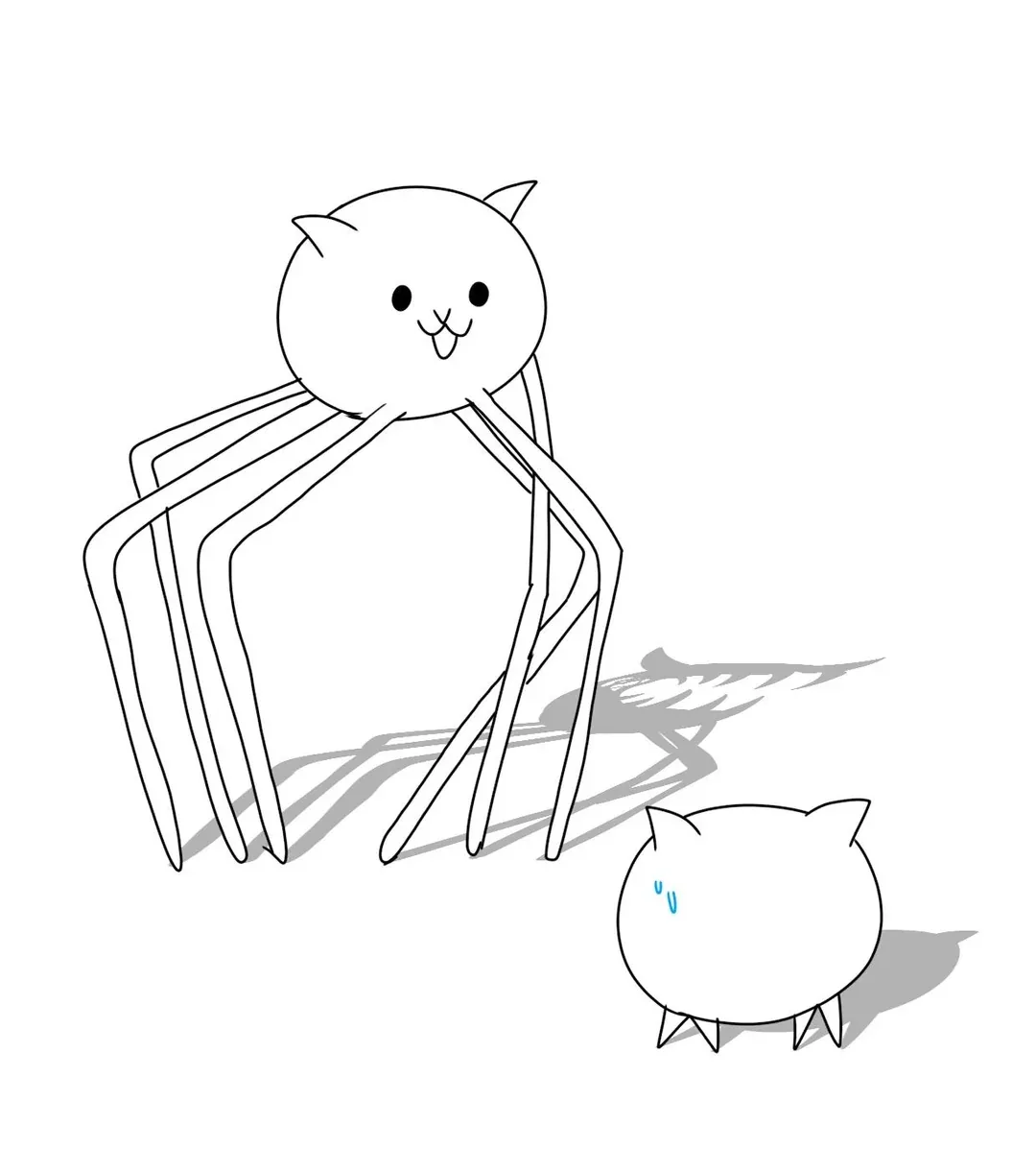 A simple black-and-white line drawing shows a large, smiling cat-headed spider standing over a smaller, frightened cat-like…