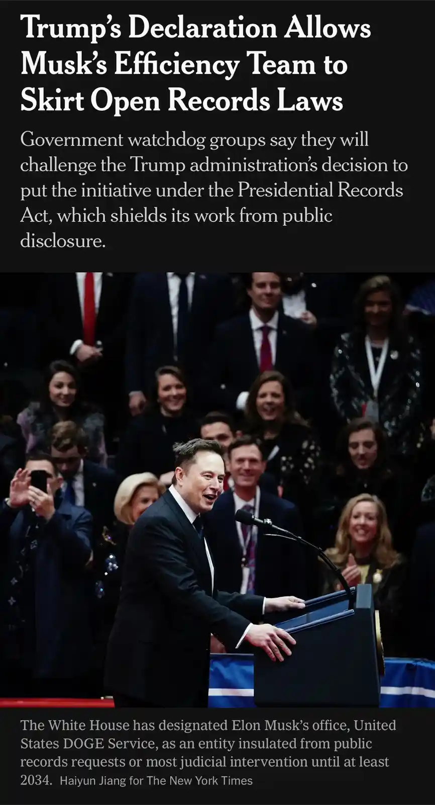 The image shows Elon Musk smiling at a podium with a crowd behind him, overlaid with a satirical news article headline…