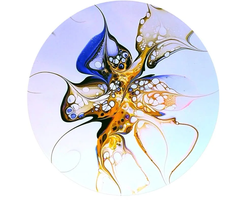 A circular abstract painting featuring swirling blue, gold, and black liquid-like patterns resembling a butterfly with…