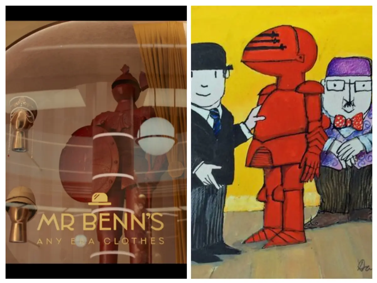 A split image shows a real storefront window for 'MR BENN'S ANY ERA CLOTHES' displaying a suit of armor, juxtaposed with a…