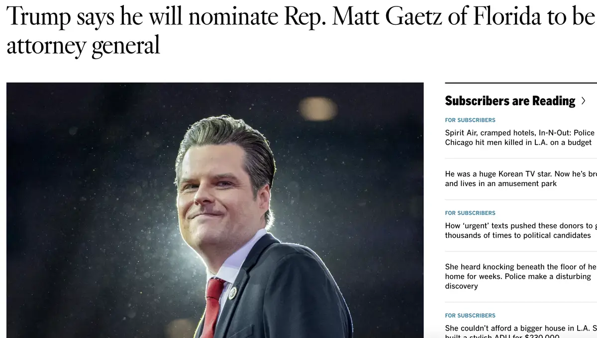 A screenshot of a news article header showing a photo of Rep. Matt Gaetz smiling in a suit and red tie, with the headline…
