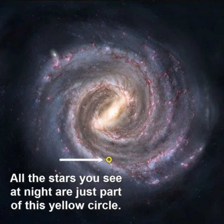 A spiral galaxy image with a white arrow pointing to a small yellow circle near its edge. Text overlaid at the bottom reads…