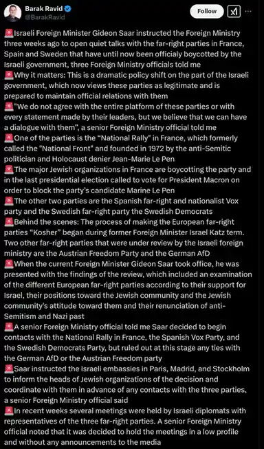 A screenshot of a tweet by Barak Ravid detailing Israeli Foreign Minister Gideon Saar's decision to open quiet diplomatic…