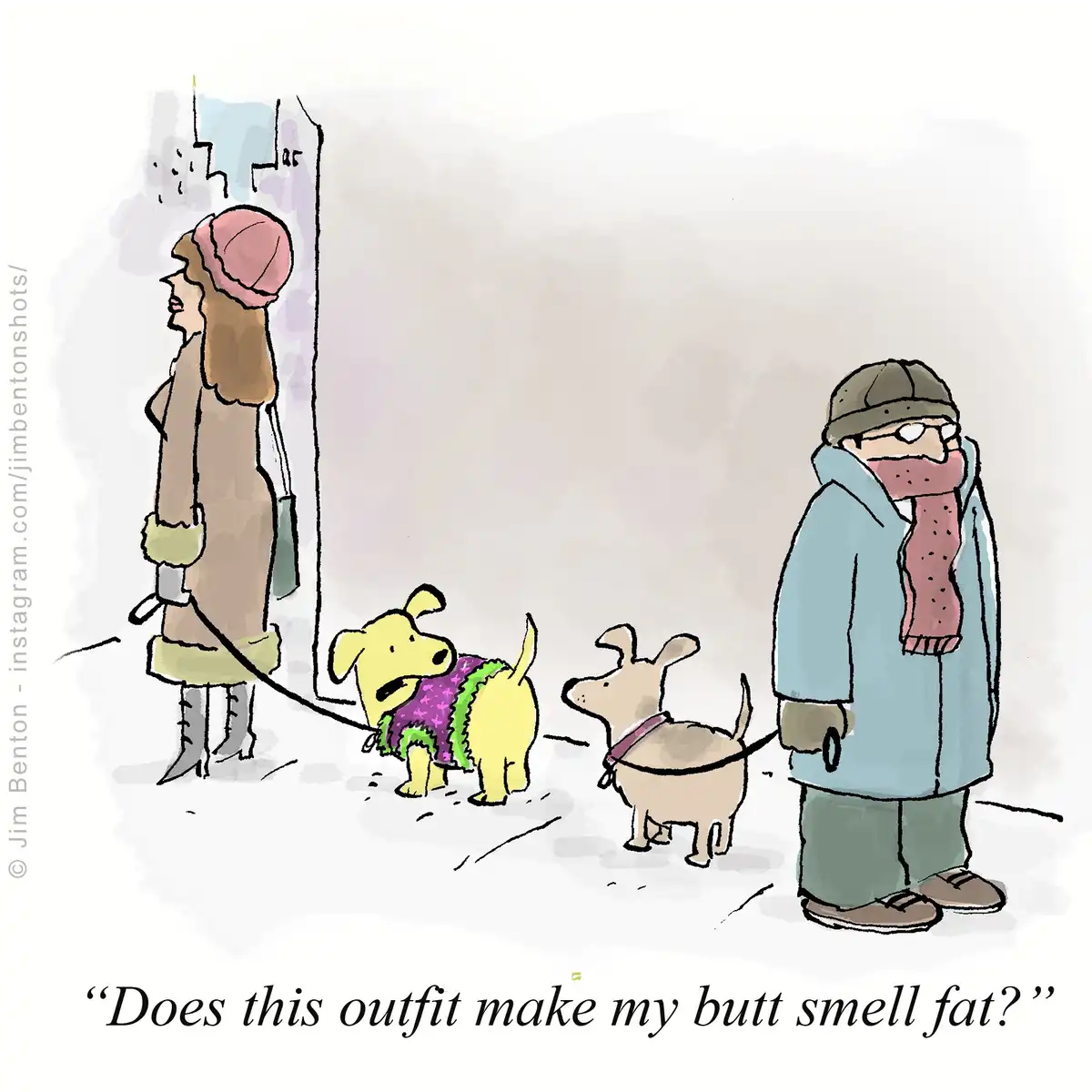 A cartoon depicts two people walking two dogs on a city sidewalk. The person on the left, wearing a winter coat and hat, is…