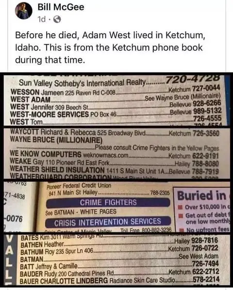 A screenshot of a Facebook post by Bill McGee showing pages from the Ketchum, Idaho phone book. The text overlay states that…