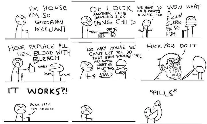 A six-panel comic strip featuring a cartoon character named 'House' who, after diagnosing a sick child, suggests replacing…