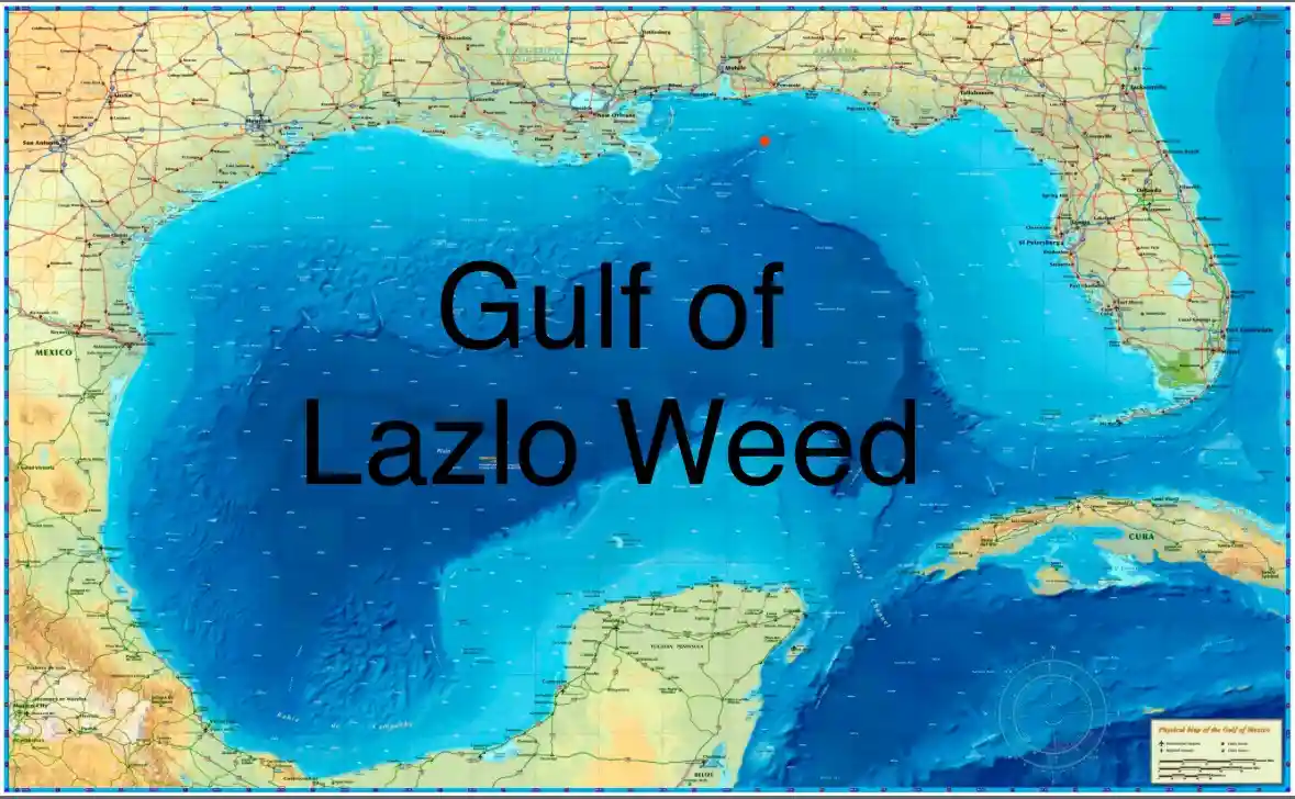A physical map of the Gulf of Mexico is overlaid with large black text reading 'Gulf of Lazlo Weed', humorously renaming the…