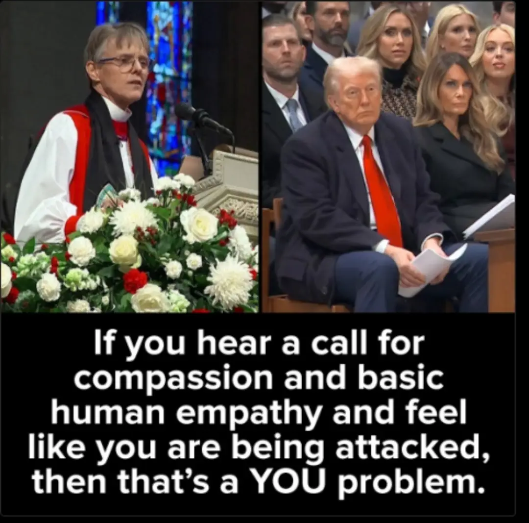 The image is split into two panels: left shows a clergy member speaking at a podium with flowers, right shows Donald Trump…