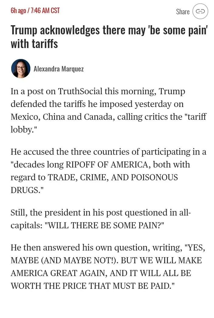 A screenshot of a news article about Trump's TruthSocial post defending tariffs on Mexico, China, and Canada, where he…