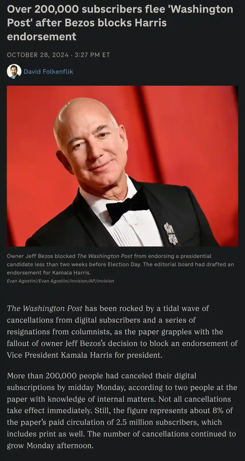 A screenshot of a news article about Jeff Bezos blocking The Washington Post from endorsing Kamala Harris, showing a photo…