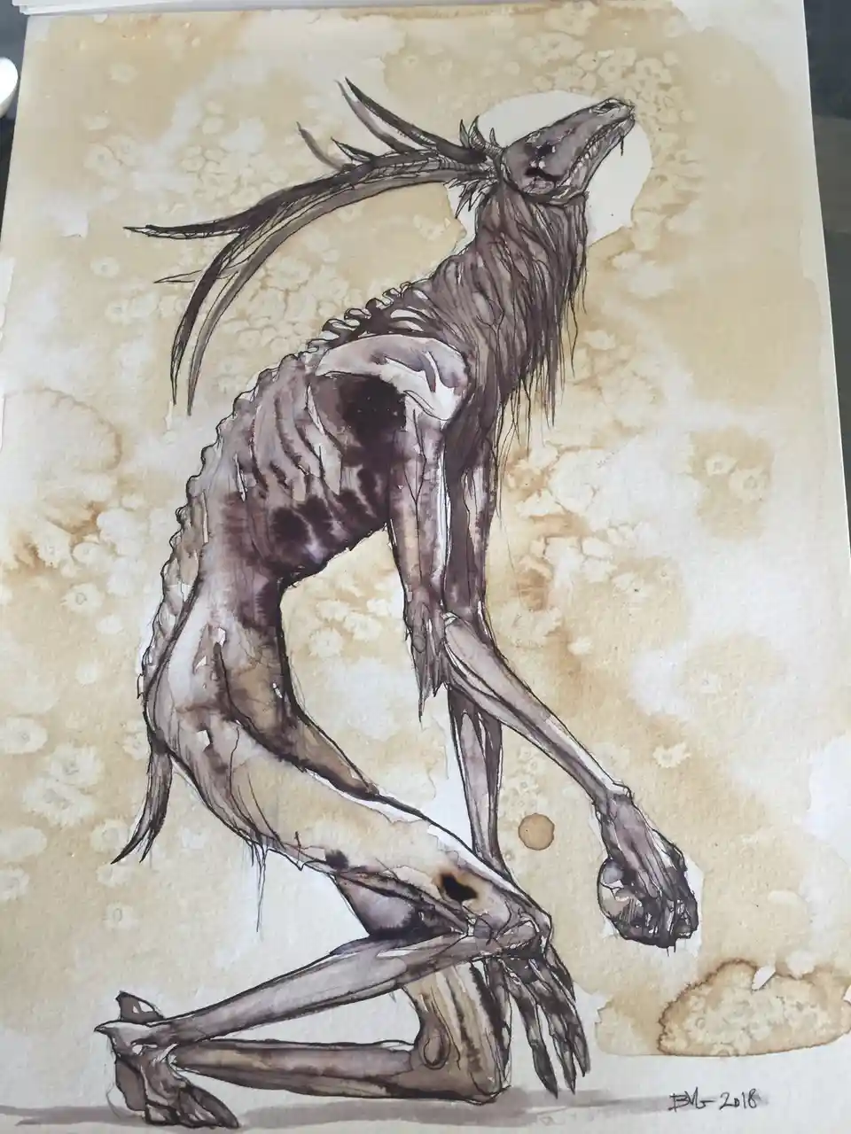 A watercolor painting depicts a gaunt, skeletal humanoid creature with long, spiky hair and clawed hands, kneeling on one…