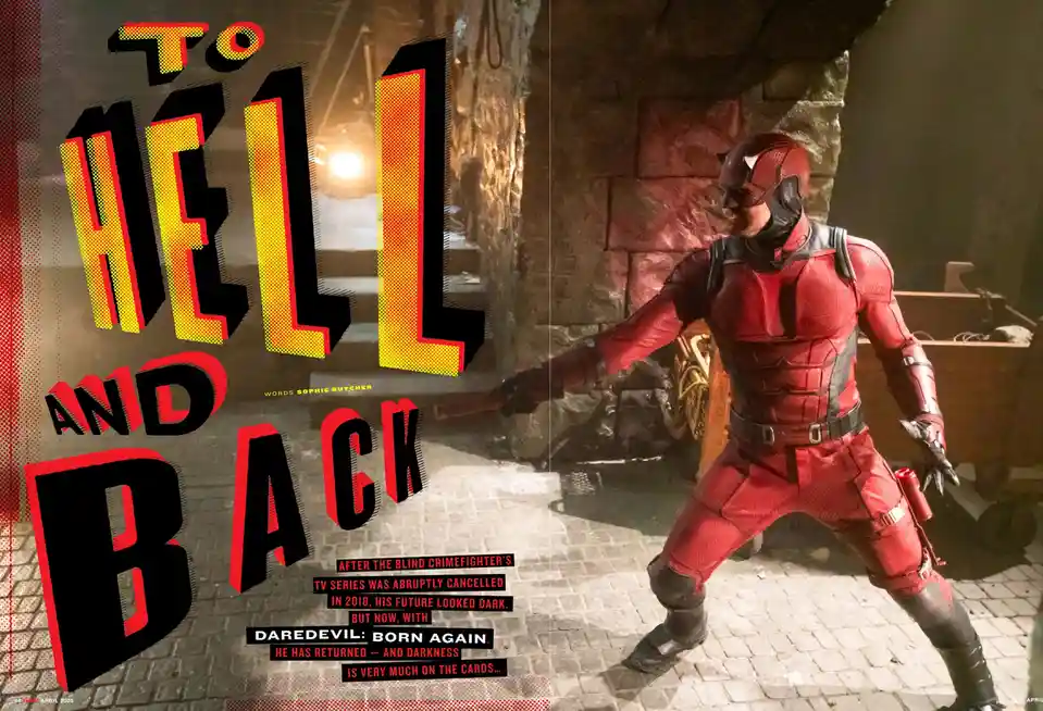 A magazine spread features a photo of the superhero Daredevil in his red suit, standing in a gritty alleyway with a fighting…