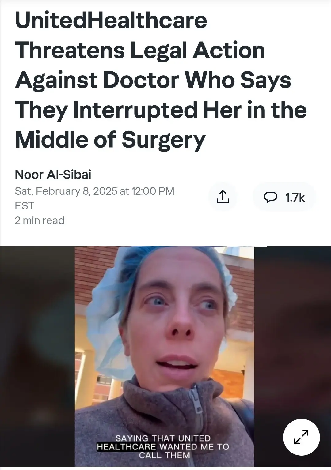 The image shows a screenshot of a news article with the headline 'UnitedHealthcare Threatens Legal Action Against Doctor Who…