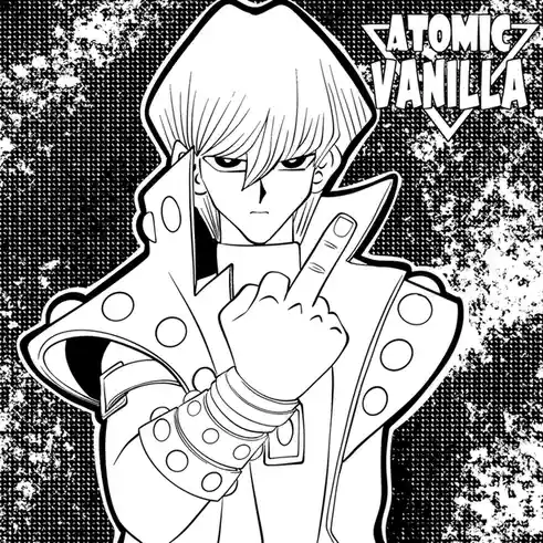 A black and white line art illustration of a stylized anime character with short hair and a stern expression, wearing a…