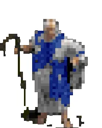 Six pixelated frames show an elderly man in blue and white robes holding a cane, progressively being pushed backward by an…