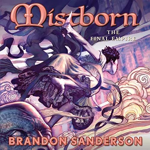 The image is the cover art for the book 'Mistborn: The Final Empire' by Brandon Sanderson, featuring a dynamic illustration…
