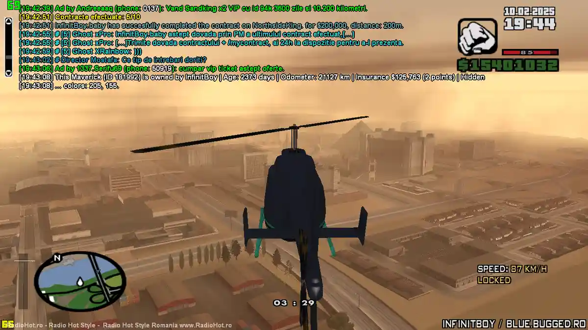 A screenshot from a GTA-style game shows a helicopter flying over a hazy cityscape, with a HUD displaying speed, time, and…