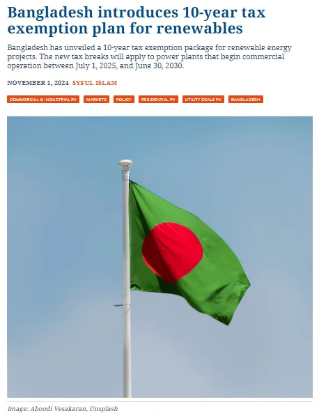 A green Bangladesh flag with a red disc flies on a white flagpole against a clear blue sky. Overlaid text reads 'Bangladesh…