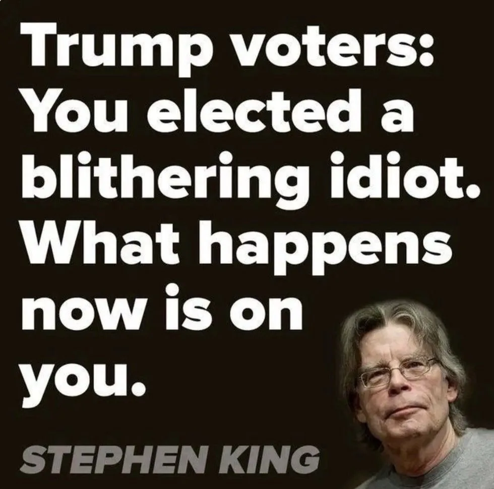 A black background image features a photo of Stephen King in the bottom right corner, looking serious. Large white text…