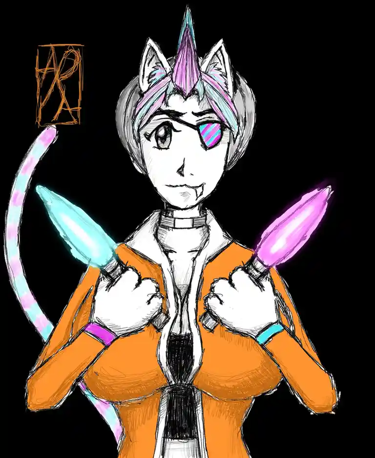 A stylized anime character with cat ears, a unicorn horn, and a tail, wearing an orange outfit and holding glowing cyan and…