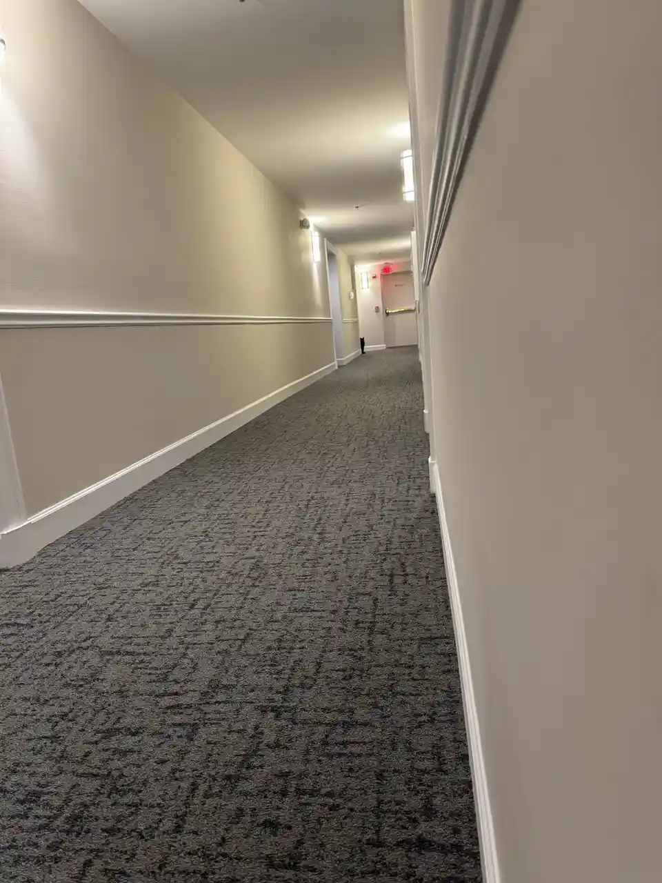 A low-angle shot down a long, empty hotel or office hallway with beige walls, white trim, and dark patterned carpet. At the…