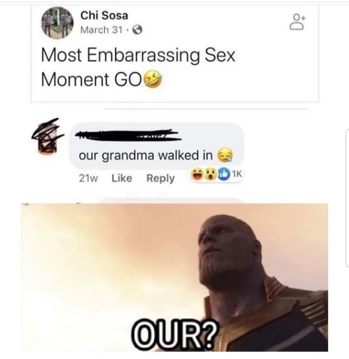 A screenshot of a Facebook post asking for the most embarrassing sex moment, with a reply that says 'our grandma walked in'…