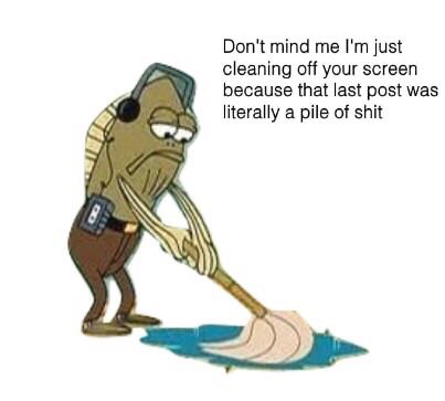 A cartoon character resembling a janitor with a mop is shown cleaning a blue puddle on a white floor. The character wears a…
