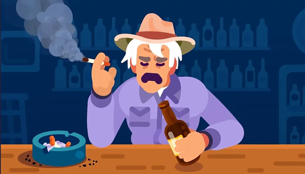 A cartoon illustration shows an older man with white hair and a mustache, wearing a cowboy hat and a purple shirt, sitting…