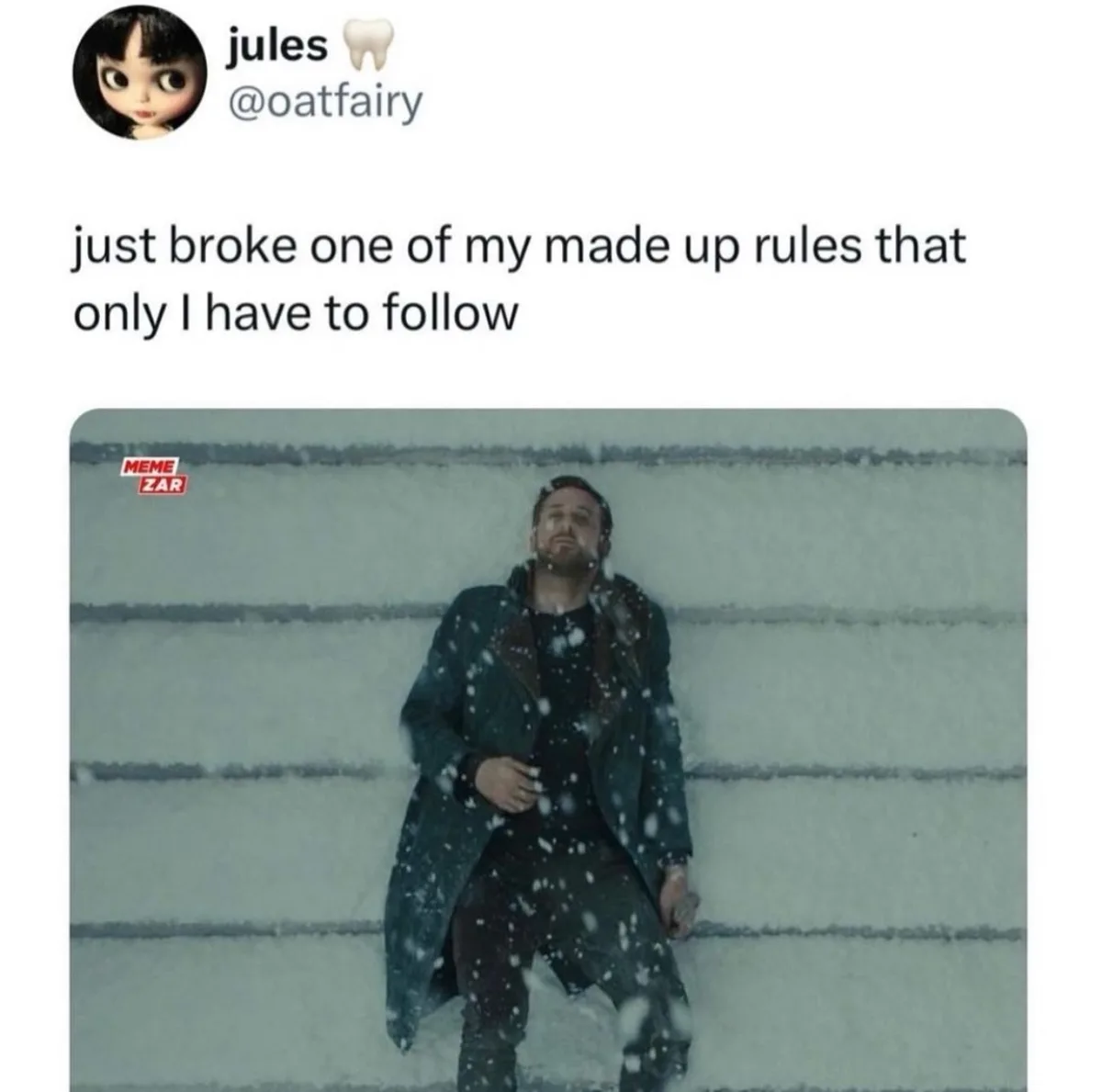 A screenshot of a tweet from user 'jules @oatfairy' with the text 'just broke one of my made up rules that only I have to…