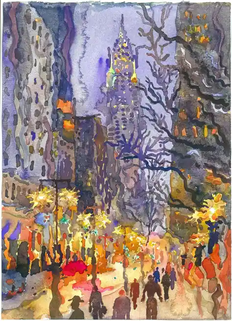 A watercolor painting depicts a stylized, abstract New York City skyline with the Chrysler Building prominently featured…