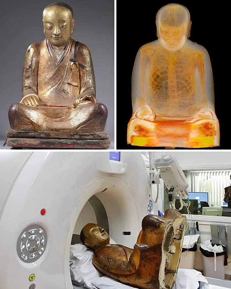 The image is a three-panel collage showing a golden Buddha statue, an x-ray revealing a human skeleton inside the statue…