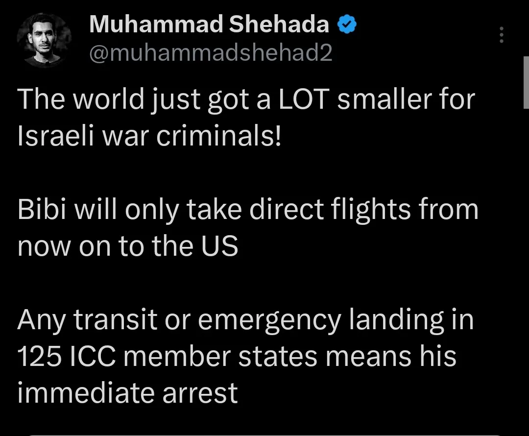 A screenshot of a tweet by Muhammad Shehada showing white text on a black background. The text announces that Israeli war…