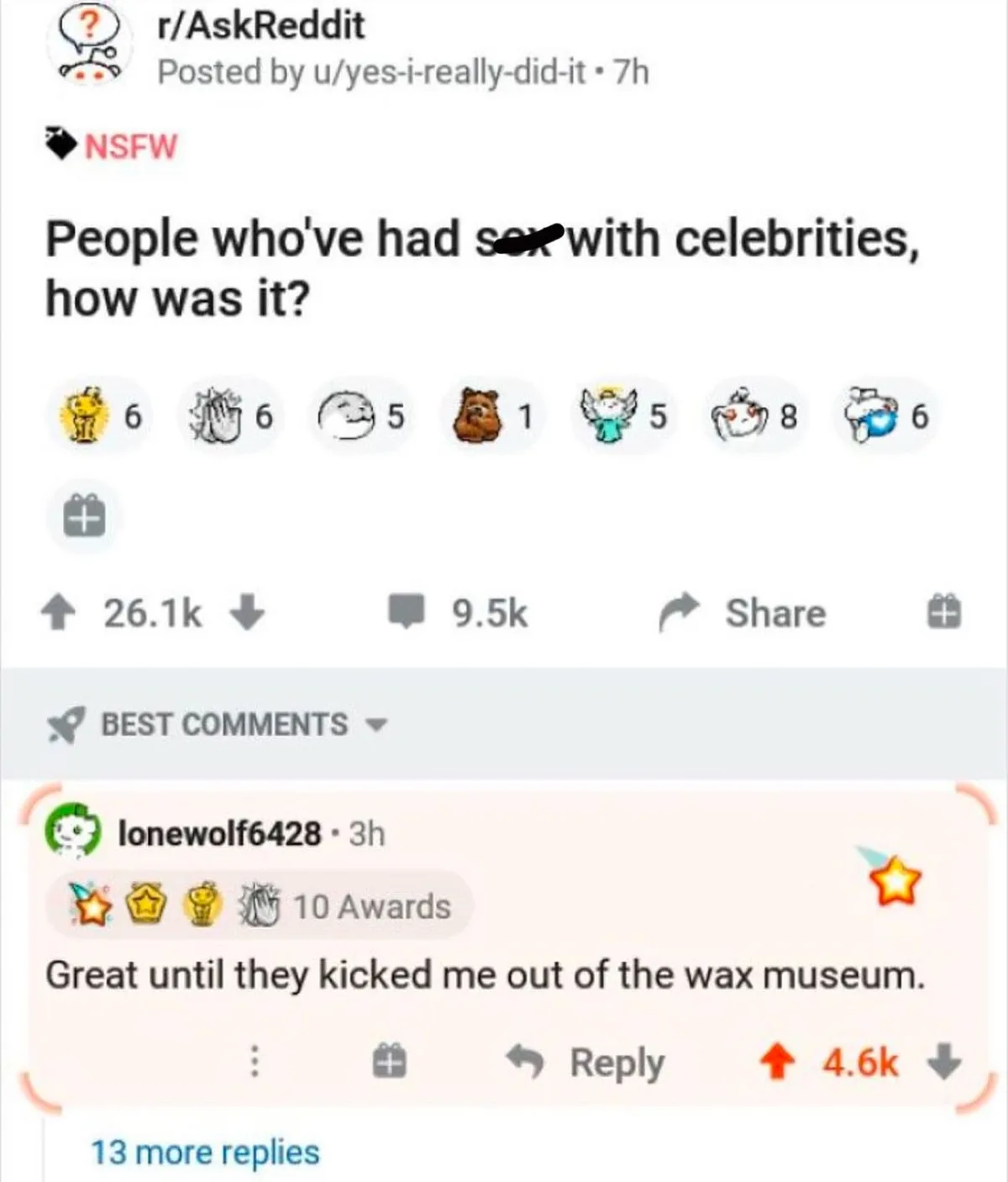 A screenshot of a Reddit post from r/AskReddit asking 'People who've had sex with celebrities, how was it?' with the word…